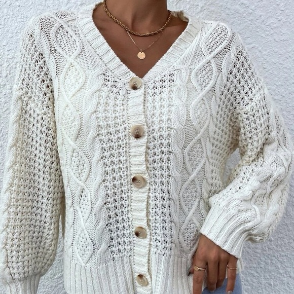 Sweaters - White Cable Knit Button Front Cardigan in L
